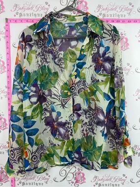 Koret button up long sleeve Sheer Floral Button-Up Blouse in Green, Blue, Purple